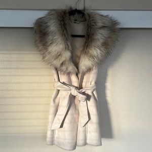 Luxurious faux fur collared, long beige suede vest
